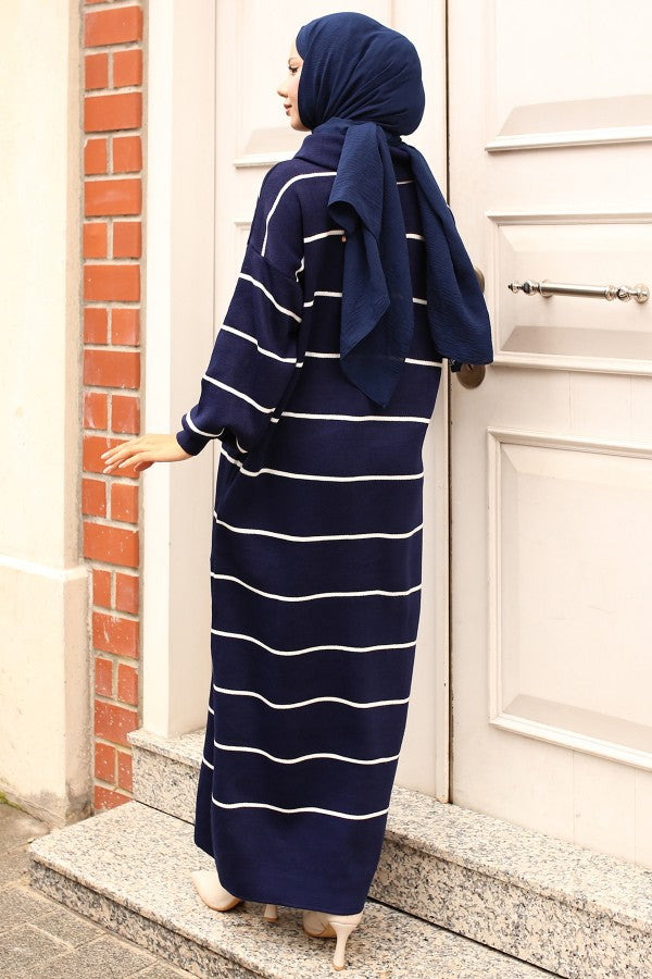 Strickkleid gestreift mit Halbreißverschluss / Navy Blau