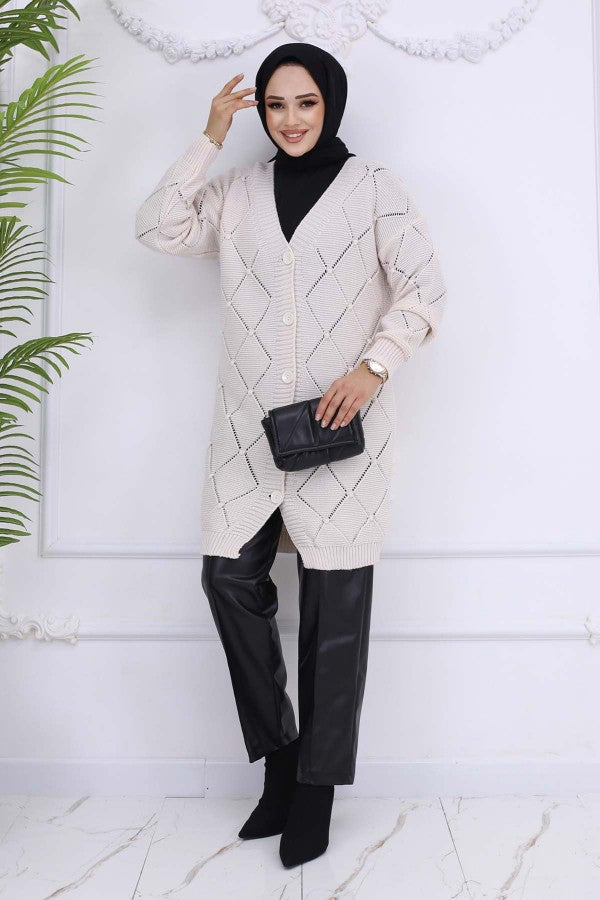 Strickjacke Rautenmuster mit Knöpfen / Stein