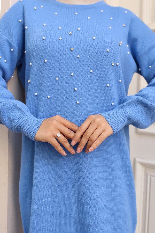 Strickkleid mit Perlen u. Steine / Blau