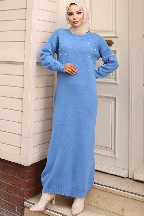 Strickkleid mit Perlen u. Steine / Blau