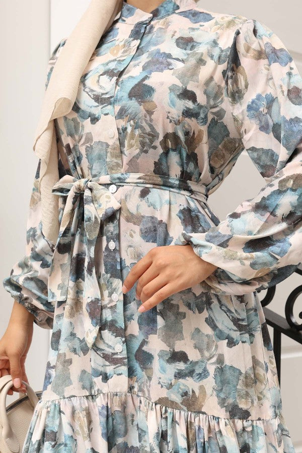 Kleid mit Muster, Volantrock, Gürtel / Khaki