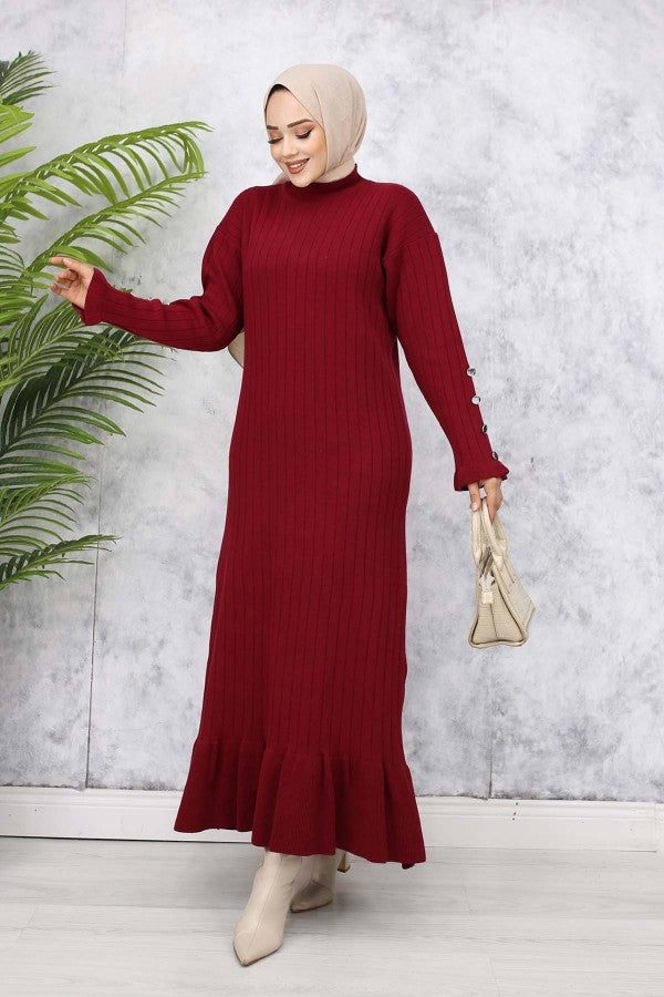 Strickkleid gerippt mit Volantrock / Bordeaux