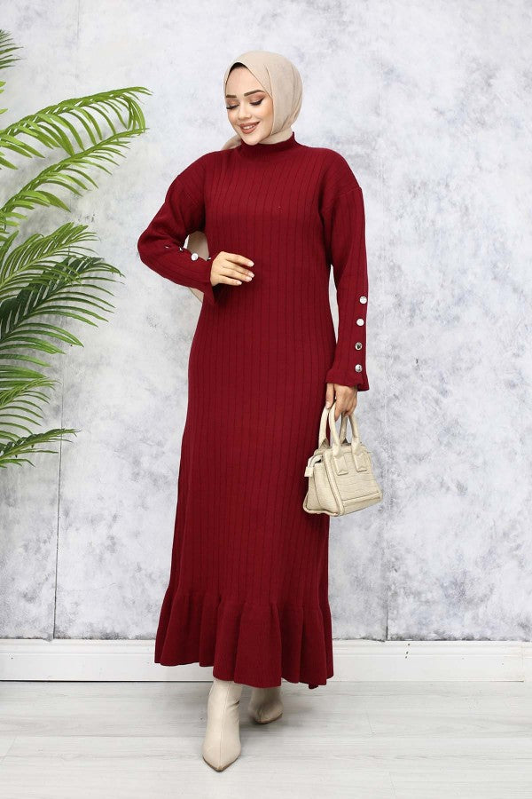 Strickkleid gerippt mit Volantrock / Bordeaux