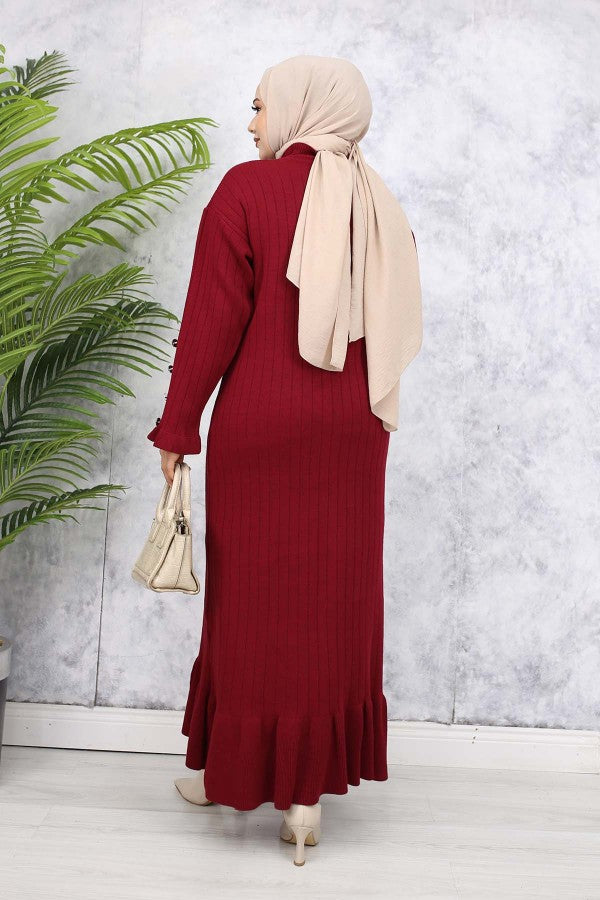 Strickkleid gerippt mit Volantrock / Bordeaux