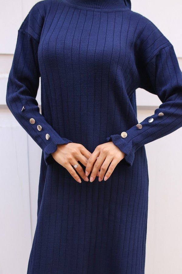 Strickkleid gerippt mit Volantrock / Navy Blau