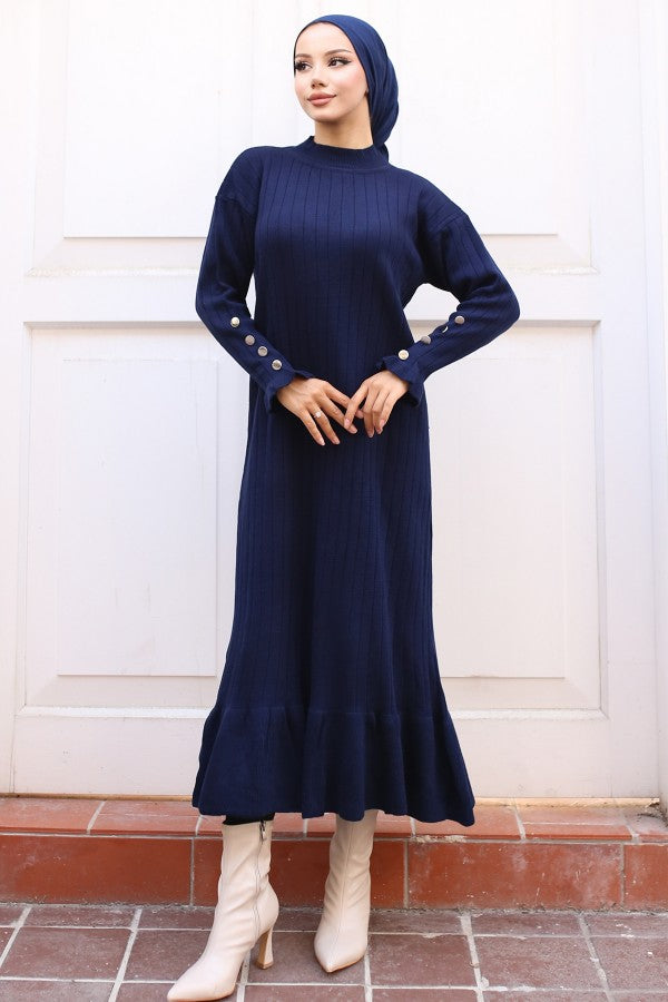 Strickkleid gerippt mit Volantrock / Navy Blau