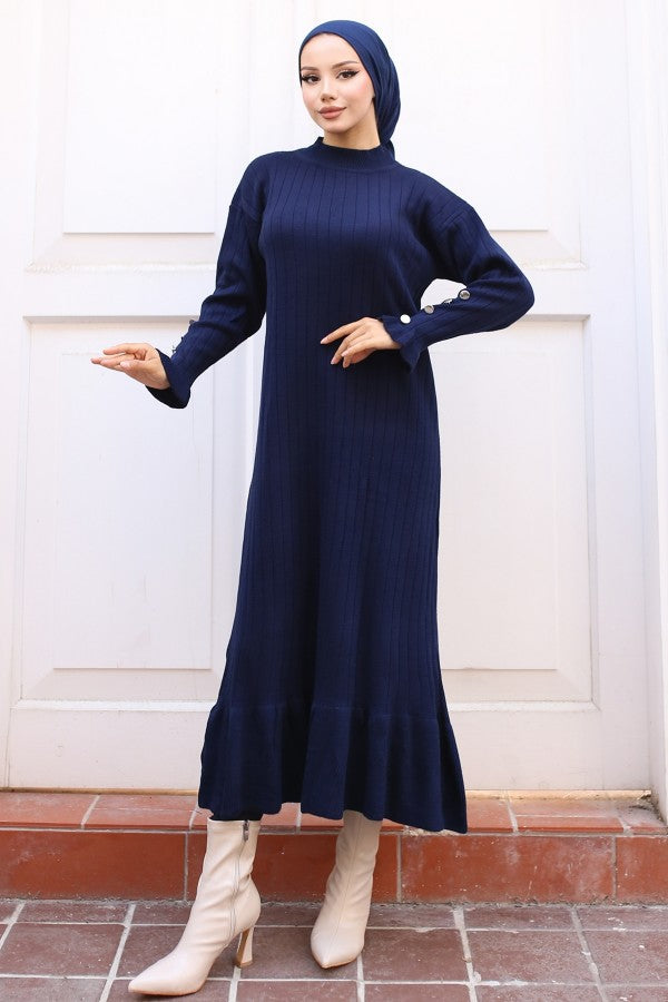 Strickkleid gerippt mit Volantrock / Navy Blau