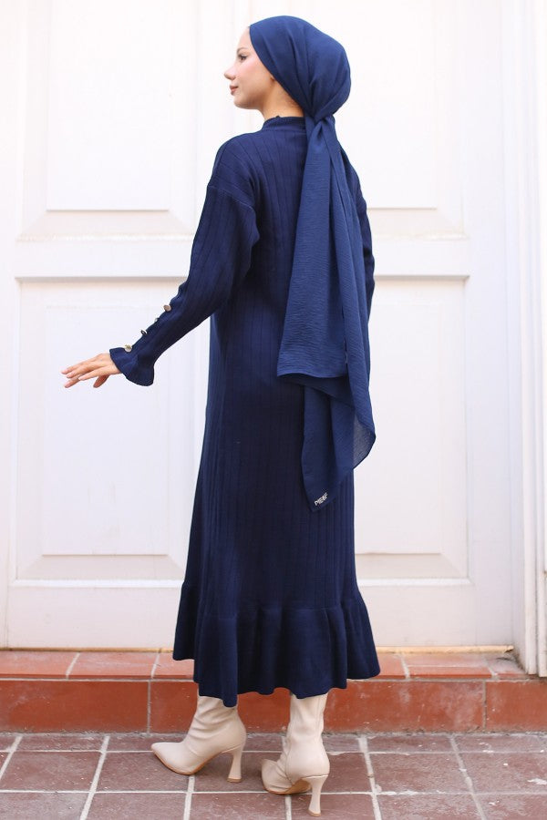 Strickkleid gerippt mit Volantrock / Navy Blau