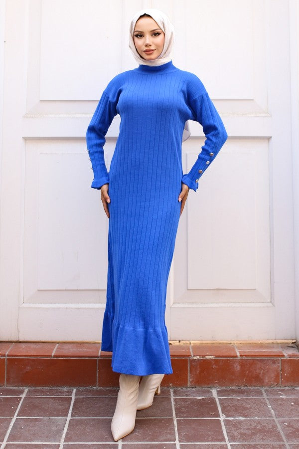 Strickkleid gerippt mit Volantrock / Blau