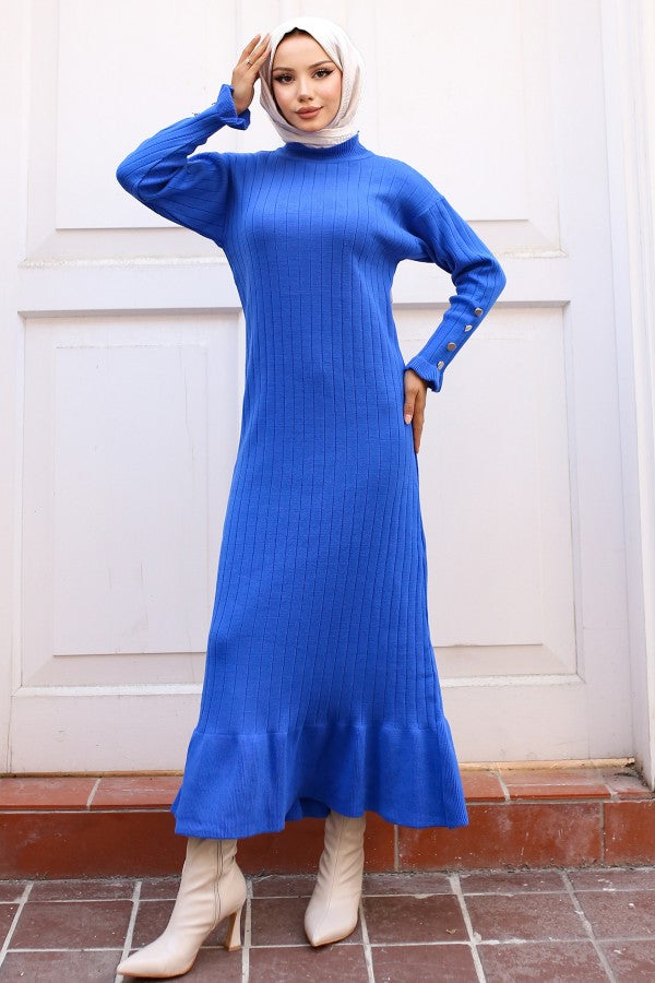 Strickkleid gerippt mit Volantrock / Blau