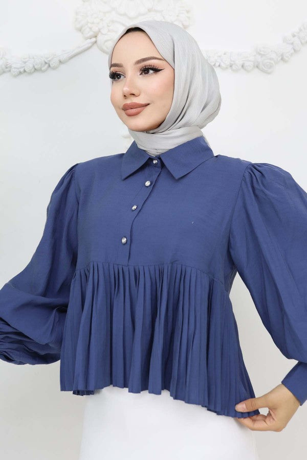 Bluse kurz mit Faltenoptik / Indigo Blau