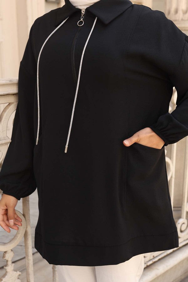 Tunika mit Halbreißverschluss und Taschen / Schwarz