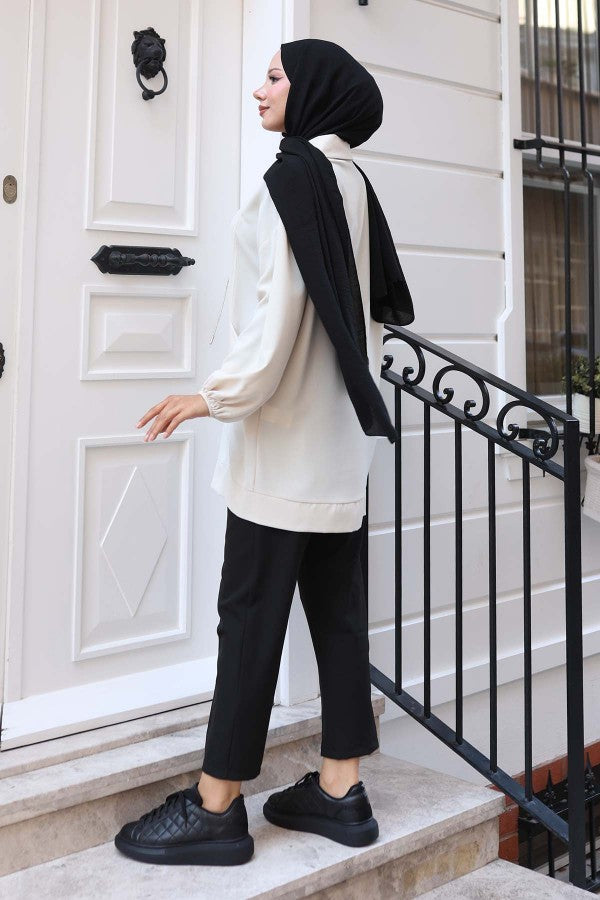 Tunika mit Halbreißverschluss und Taschen / Beige