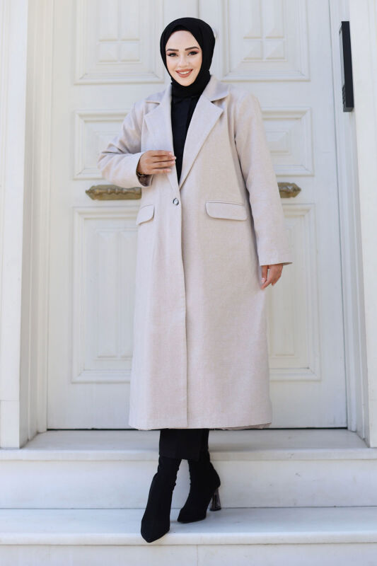 Kaschmirmantel m. Fischgrätmuster, Abdecktaschen / Beige
