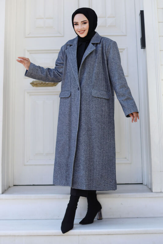 Kaschmirmantel m. Fischgrätmuster, Abdecktaschen / Navy Blau