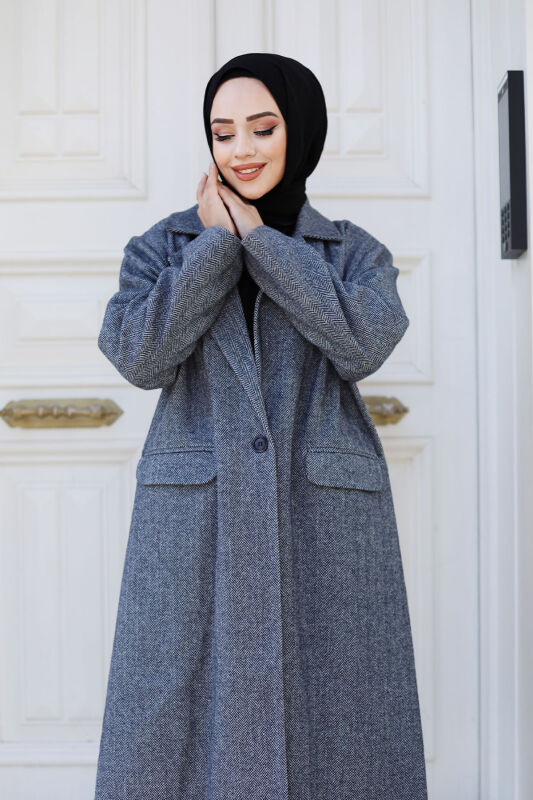 Kaschmirmantel m. Fischgrätmuster, Abdecktaschen / Navy Blau