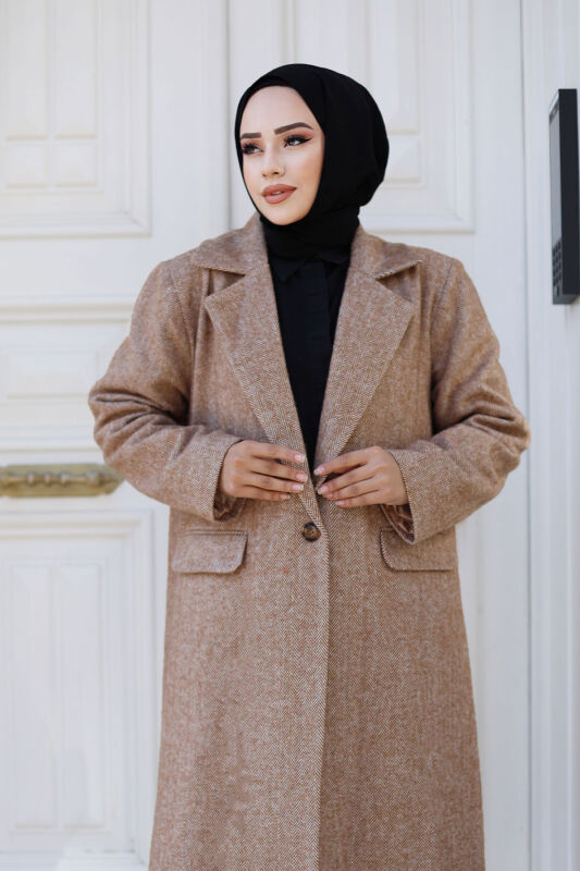 Kaschmirmantel m. Fischgrätmuster, Abdecktaschen / Camel
