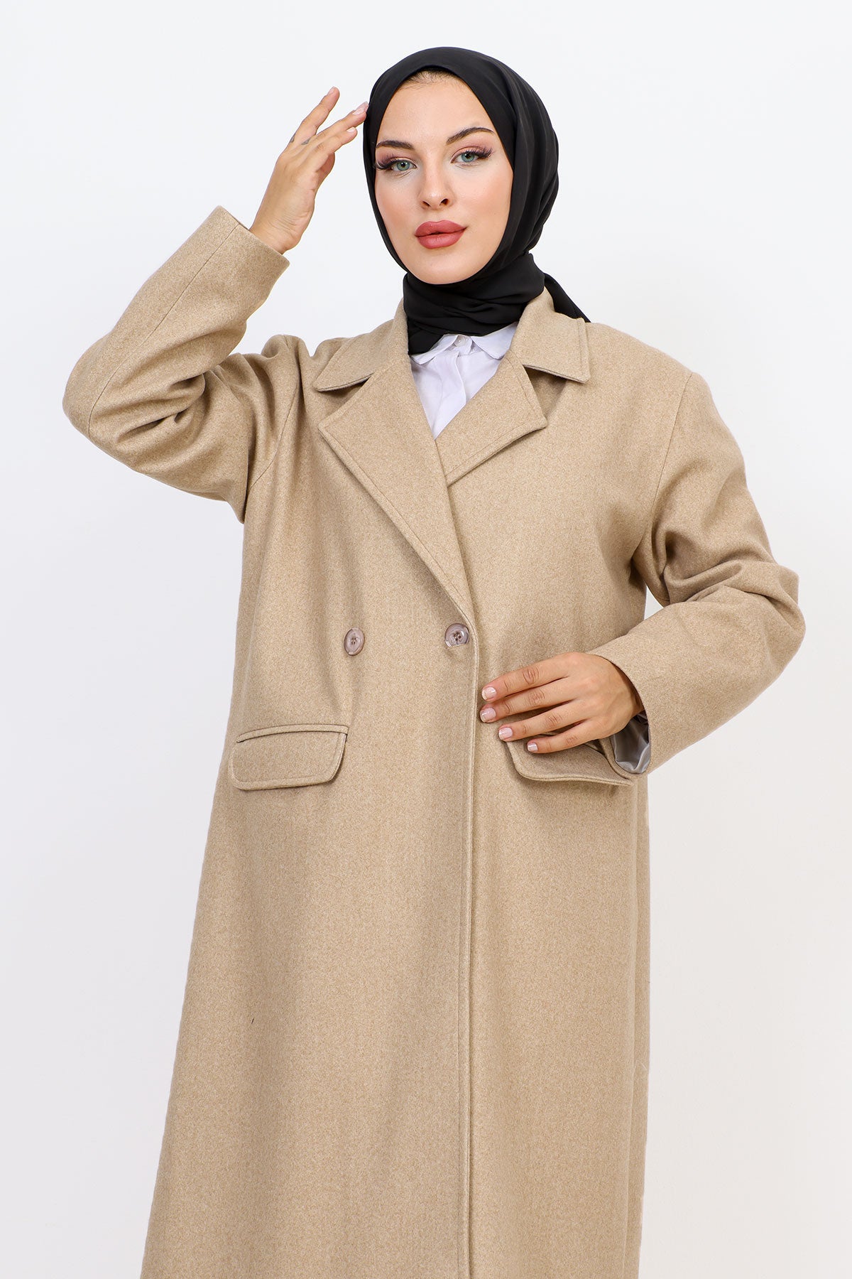 Kaschmirmantel mit Abdecktaschen / Beige