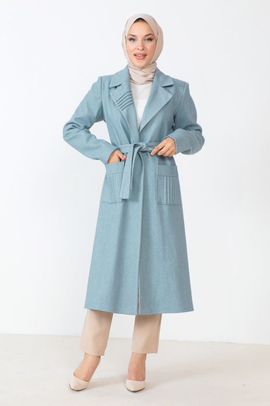 Kaschmirmantel mit Taschen und Gürtel / Blau
