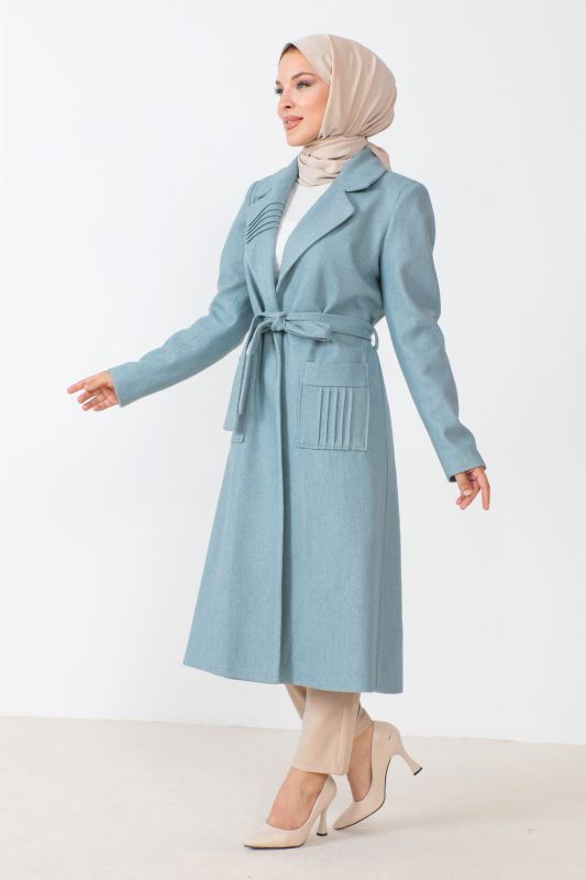 Kaschmirmantel mit Taschen und Gürtel / Blau