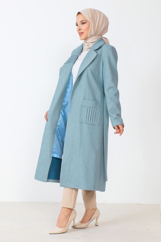 Kaschmirmantel mit Taschen und Gürtel / Blau