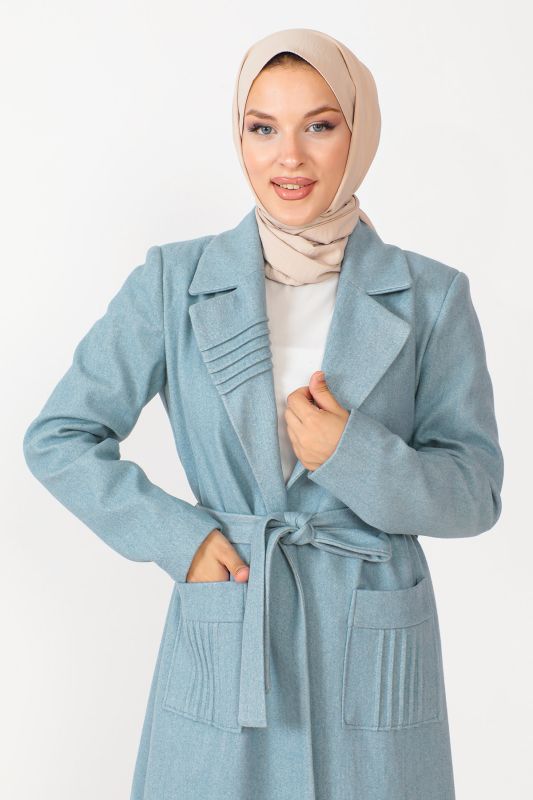 Kaschmirmantel mit Taschen und Gürtel / Blau