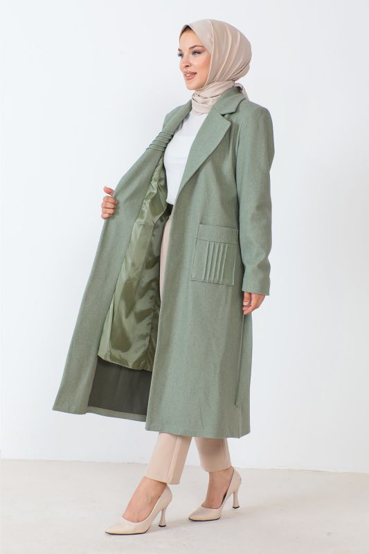 Kaschmirmantel mit Taschen und Gürtel / Mint