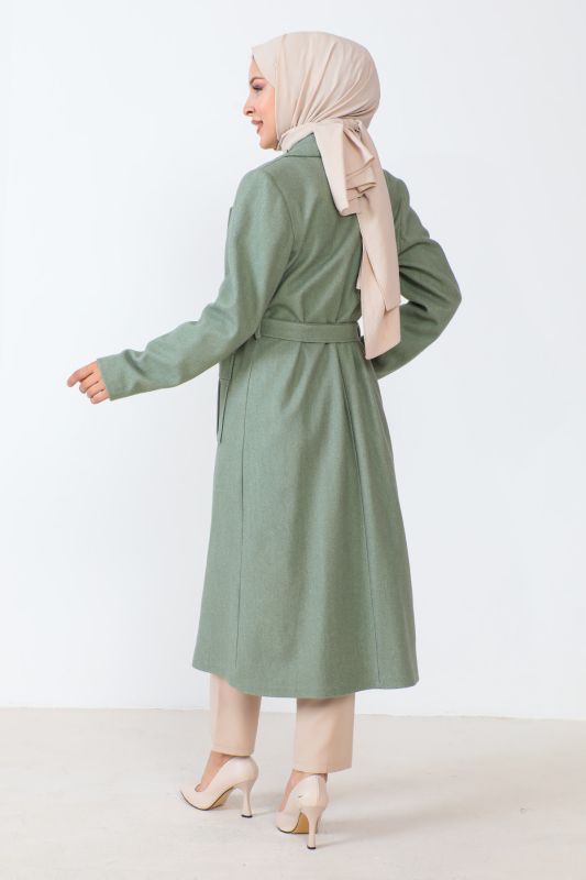 Kaschmirmantel mit Taschen und Gürtel / Mint
