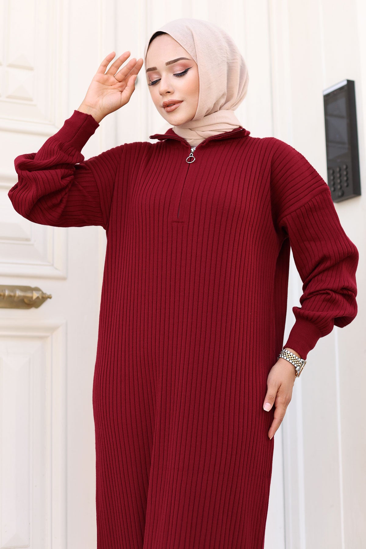 Strickkleid Halbreißverschluss / Bordeaux