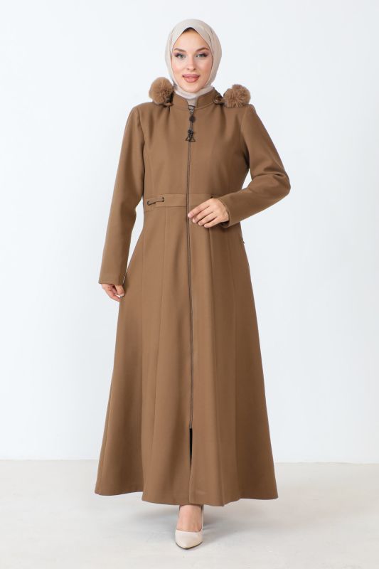 Kaschmirmantel i. v. Länge mit Reißverschluss u. Kapuze / Camel
