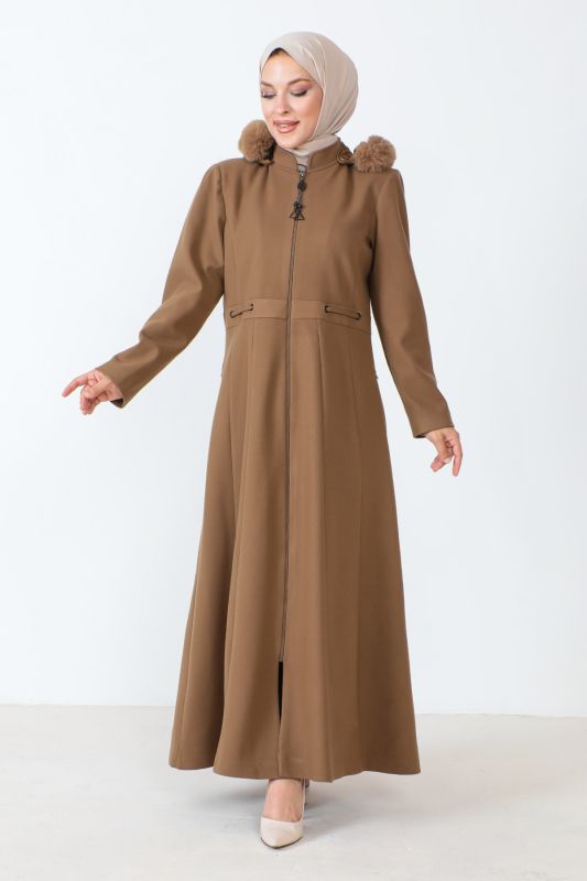 Kaschmirmantel i. v. Länge mit Reißverschluss u. Kapuze / Camel
