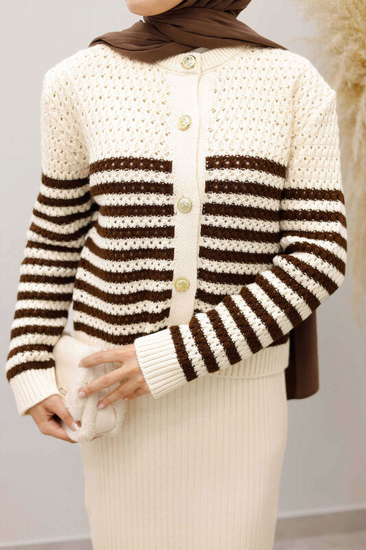 perforierte Strickjacke gestreift mit Knöpfen / Beige