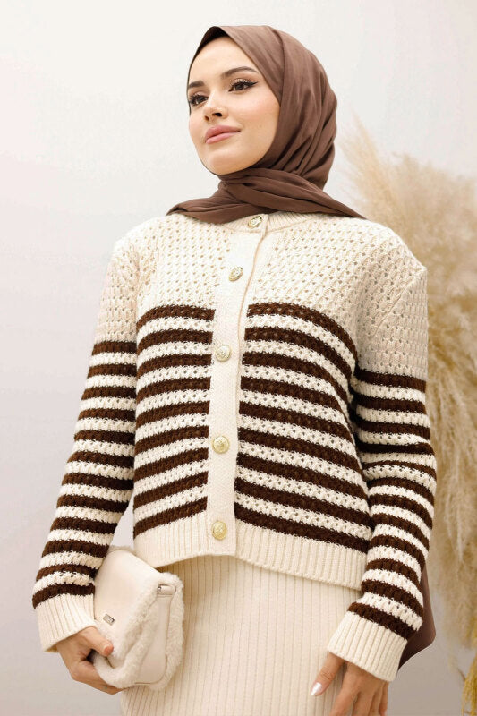 perforierte Strickjacke gestreift mit Knöpfen / Beige