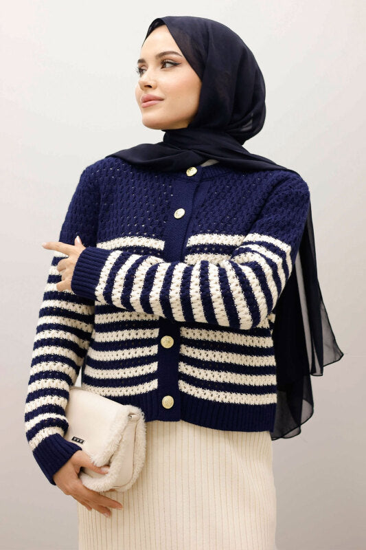 perforierte Strickjacke gestreift mit Knöpfen / Navy Blau
