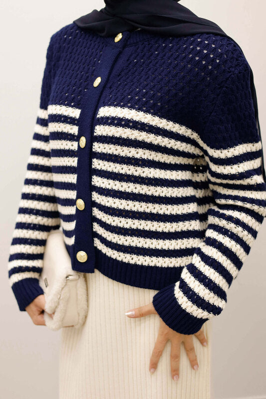 perforierte Strickjacke gestreift mit Knöpfen / Navy Blau