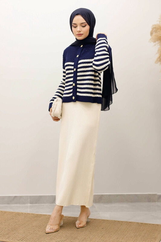 perforierte Strickjacke gestreift mit Knöpfen / Navy Blau