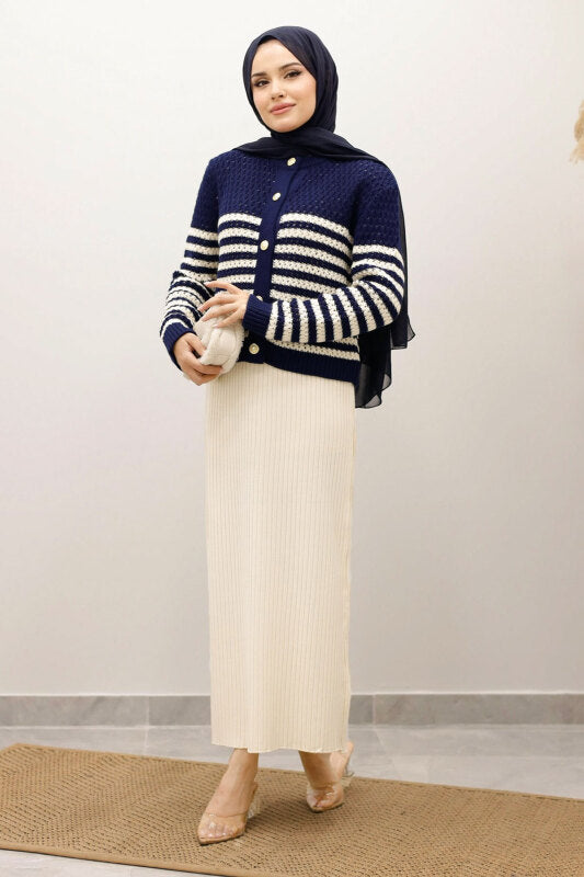 perforierte Strickjacke gestreift mit Knöpfen / Navy Blau