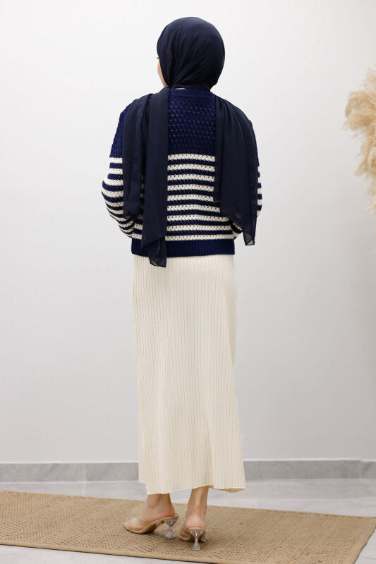 perforierte Strickjacke gestreift mit Knöpfen / Navy Blau
