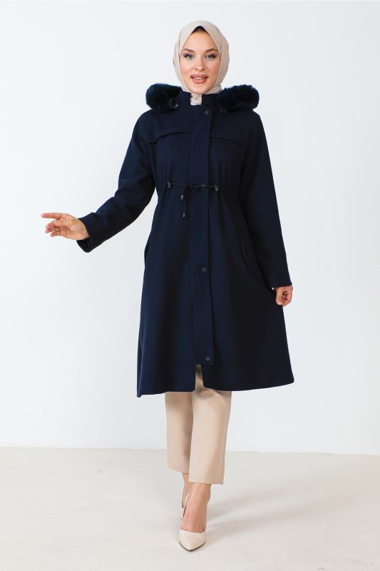 Kaschmirmantel in Midilänge m. verstecktem Reißverschluss / Navy Blau