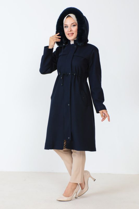 Kaschmirmantel in Midilänge m. verstecktem Reißverschluss / Navy Blau