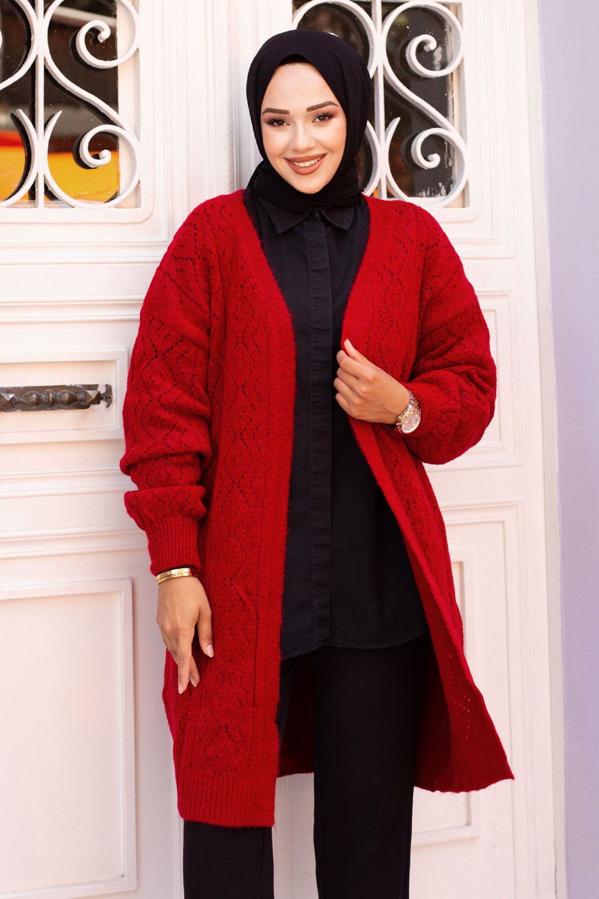 Strickjacke mit Rautenmuster / Rot