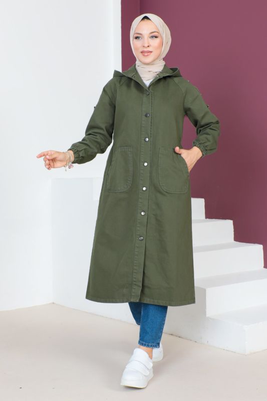 Jeansjacke lang mit Knöpfen und Kapuze / Khaki
