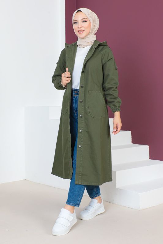 Jeansjacke lang mit Knöpfen und Kapuze / Khaki