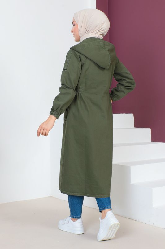 Jeansjacke lang mit Knöpfen und Kapuze / Khaki