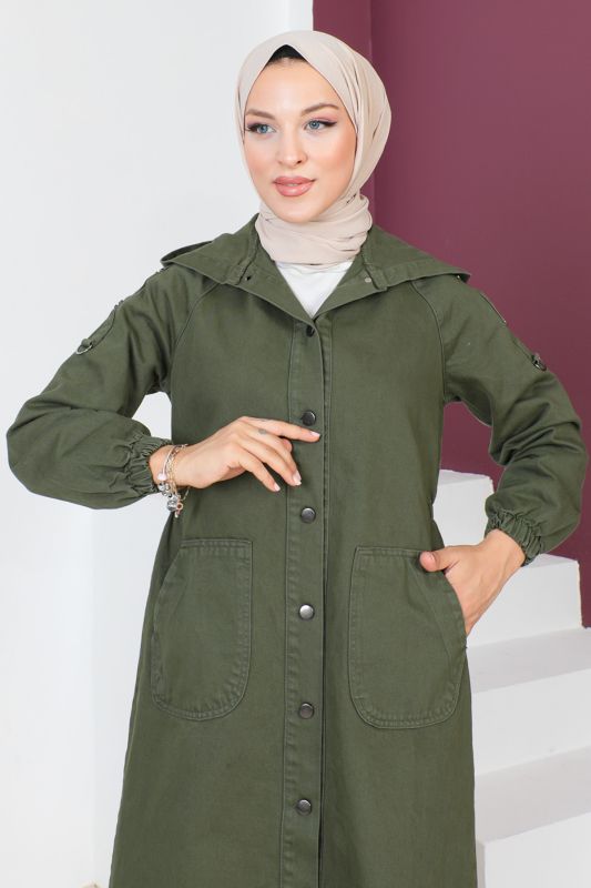 Jeansjacke lang mit Knöpfen und Kapuze / Khaki