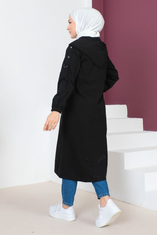 Jeansjacke lang mit Knöpfen und Kapuze / Schwarz