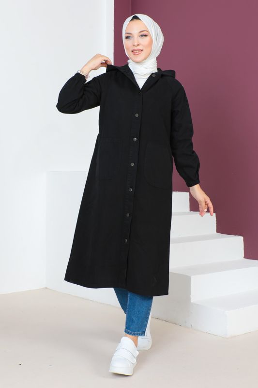 Jeansjacke lang mit Knöpfen und Kapuze / Schwarz