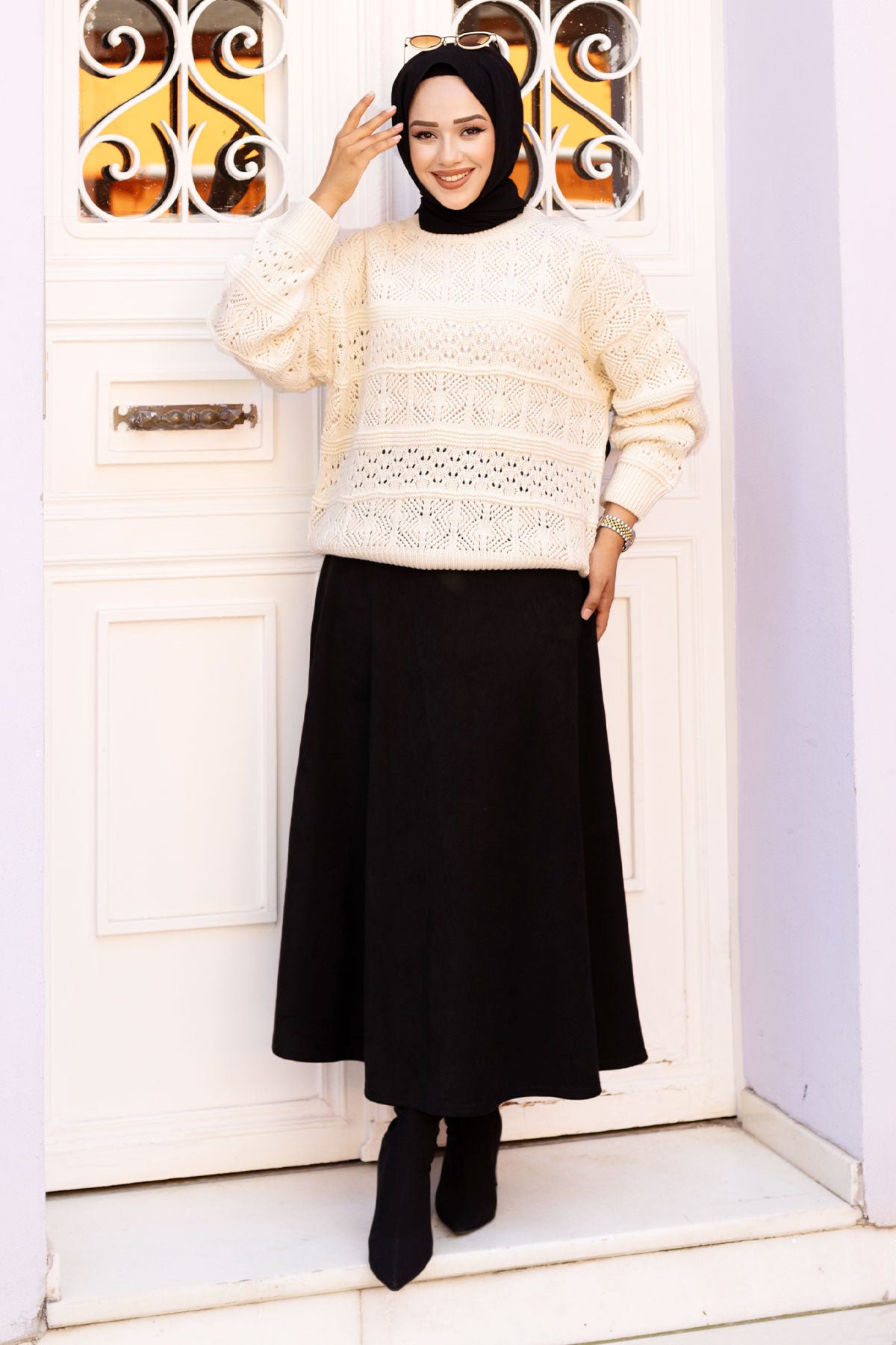 Stricktunika mit durchbrochenem Muster / Ecru