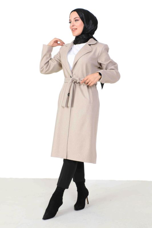 Kaschmirmantel m. zweireihiger Knöpfe u. Gürtel / Beige