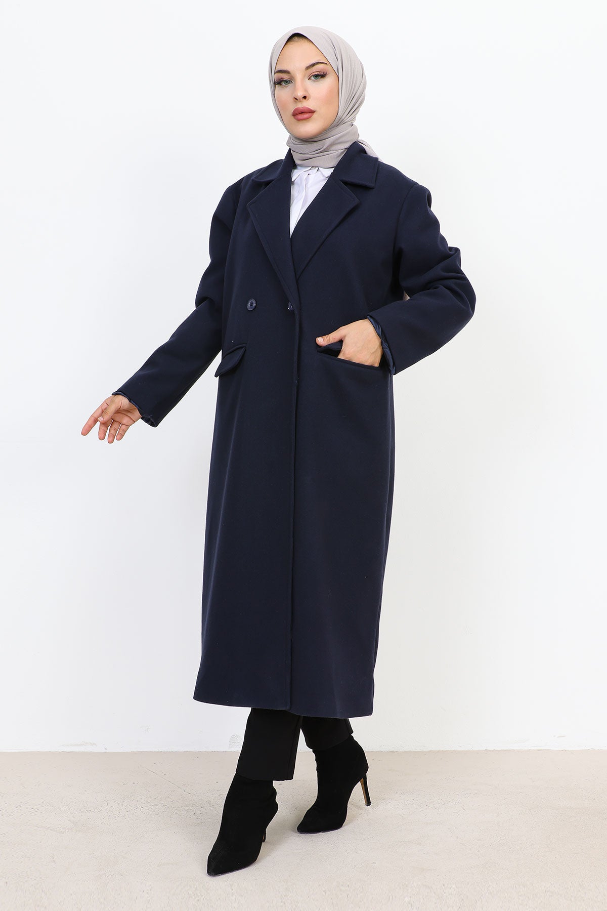 Kaschmirmantel mit Abdecktaschen / Navy Blau